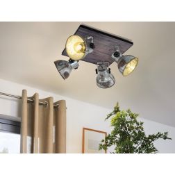 BARNSTAPLE PLAFONIERA CON 4 LUCI ORIENTABILI STILE VINTAGE IN LEGNO E METALLO ZINCATO CON LAMPADINE ATTACCO E27 2