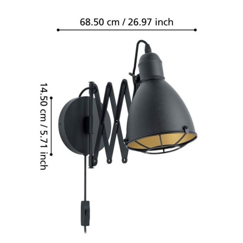TREBURLEY LAMPADA DA PARETE CON BRACCIO A PANTOGRAFO METALLO NERO LAMPADINA ATTACCO E27