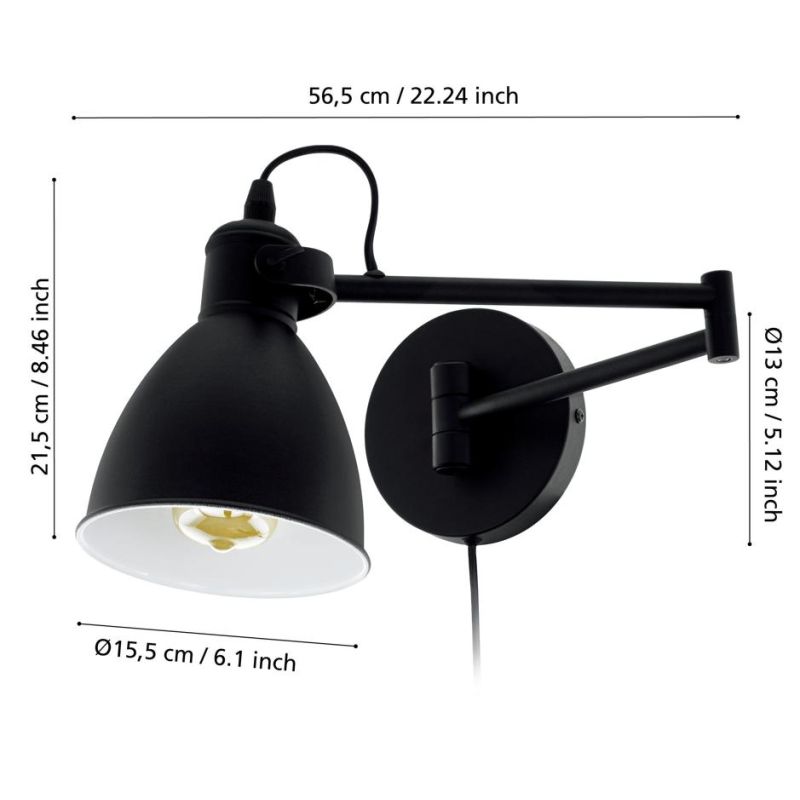 SAN PERI LAMPADA DA PARETE CON BRACCIO ORIENTABILE IN METALLO NERO MODERNA LAMPADINA ATTACCO E27