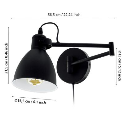 SAN PERI LAMPADA DA PARETE CON BRACCIO ORIENTABILE IN METALLO NERO MODERNA LAMPADINA ATTACCO E27