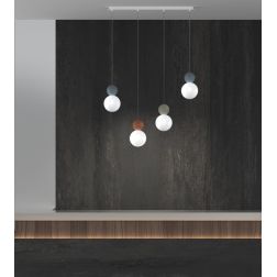 COTTAGE SOSPENSIONE LINEARE 4 LUCI DIFFUSORI A SFERA IN VETRO E METALLO 3 COLORI CON LAMPADINE ATTACCO G9