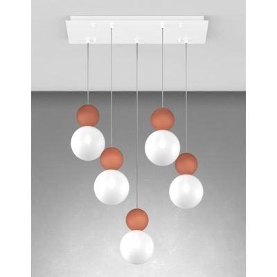 COTTAGE SOSPENSIONE RETTANGOLARE 5 LUCI DIFFUSORI A SFERA IN VETRO E METALLO 3 COLORI CON LAMPADINE G9