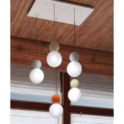 COTTAGE SOSPENSIONE RETTANGOLARE 5 LUCI DIFFUSORI A SFERA IN VETRO E METALLO 3 COLORI CON LAMPADINE G9