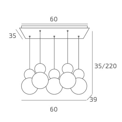 COTTAGE SOSPENSIONE RETTANGOLARE 5 LUCI DIFFUSORI A SFERA IN VETRO E METALLO 3 COLORI CON LAMPADINE G9