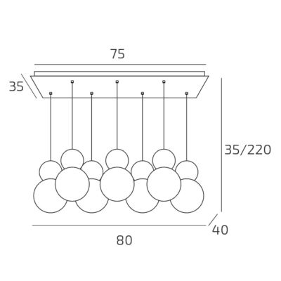 COTTAGE SOSPENSIONE RETTANGOLARE 7 LUCI DIFFUSORI A SFERA IN VETRO E METALLO 3 COLORI CON LAMPADINE G9