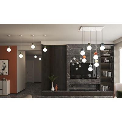 COTTAGE SOSPENSIONE RETTANGOLARE 7 LUCI DIFFUSORI A SFERA IN VETRO E METALLO 3 COLORI CON LAMPADINE G9