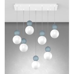 COTTAGE SOSPENSIONE RETTANGOLARE 7 LUCI DIFFUSORI A SFERA IN VETRO E METALLO 3 COLORI CON LAMPADINE G9