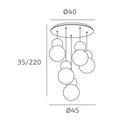 COTTAGE SOSPENSIONE 5 LUCI ROTONDA DIFFUSORI A SFERA IN VETRO E METALLO 3 COLORI LAMPADINE G9