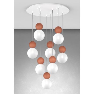 COTTAGE SOSPENSIONE ROTONDA 8 LUCI DIFFUSORI A SFERA IN VETRO E METALLO 3 COLORI LAMPADINE G9