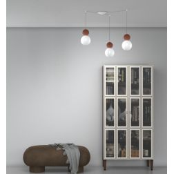 COTTAGE SOSPENSIONE 3 LUCI CON DECENTRO DIFFUSORI A SFERA IN VETRO E METALLO 3 COLORI LAMPADINE G9