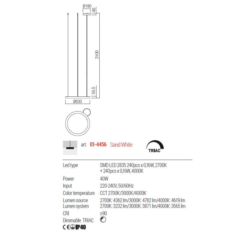 HALLEY SOSPENSIONE CIRCOLARE A LED 5 MISURE LUCE CCT 2700-3000-4000K DIMMERABILE METALLO BIANCO E ACRILICO