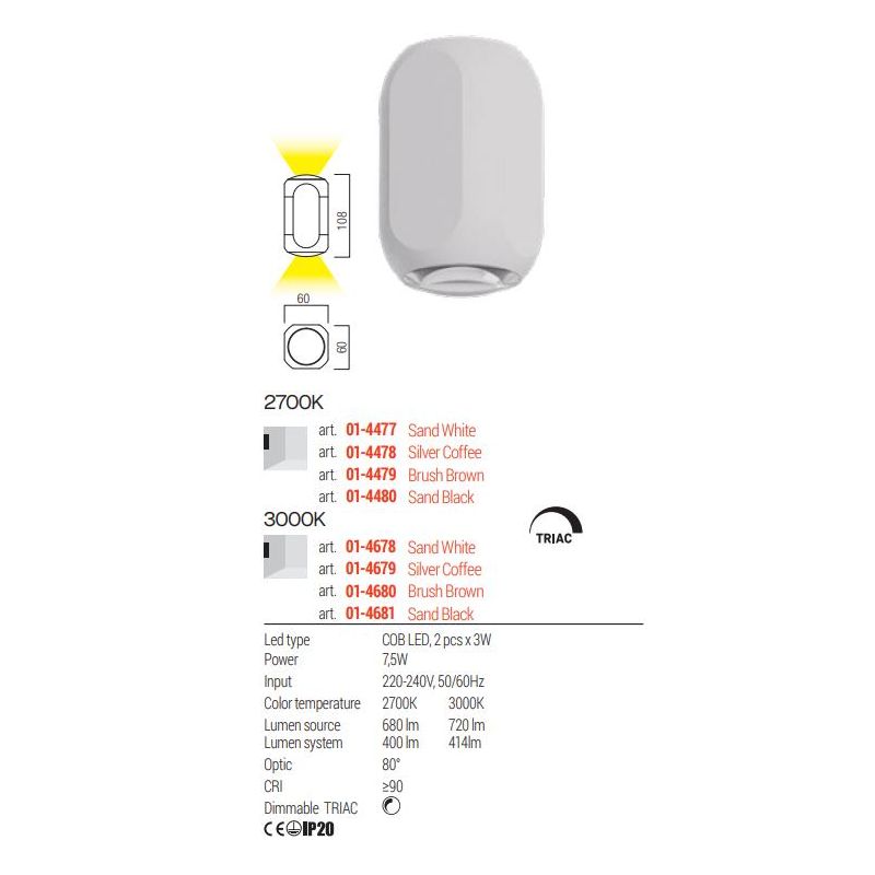 CRISP APPLIQUE IN ALLUMINIO 4 COLORI BI-EMISSIONE LED 7,5W LUCE 2700K E 3000K DIMMERABILE MODERNA