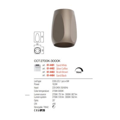 CRISP PLAFONIERA IN ALLUMINIO 4 COLORI LED 10,5W LUCE CCT 2700K-3000K DIMMERABILE PICCOLA MODERNA