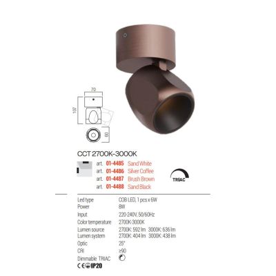 CRISP FARETTO ORIENTABILE IN ALLUMINIO 4 COLORI LED 8W LUCE CCT 2700K-3000K DIMMERABILE MODERNO