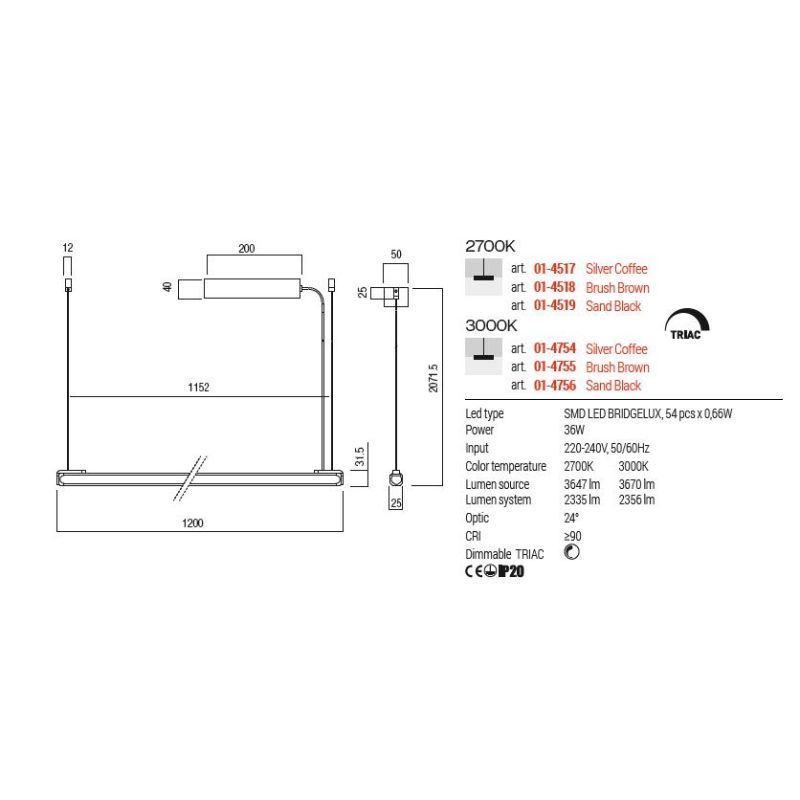 CRISP SOSPENSIONE LINEARE A LED 3 MISURE ALLUMINIO 3 COLORI LUCE 2700K-3000K DIMMERABILE MODERNA