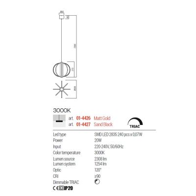MOSS SOSPENSIONE ROTONDA 3 MISURE NERA O ORO LED INTEGRATO LUCE 3000K DIMMERABILE MODERNA