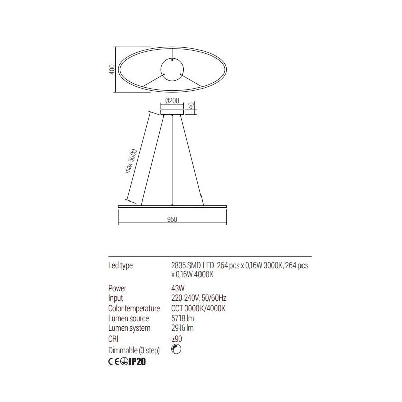 LEO SOSPENSIONE OVALE 2 MISURE LED INTEGRATO CCT 3000K-4000K DIMMERABILE ALLUMINIO 3 COLORI MODERNA
