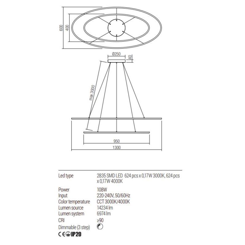 LEO SOSPENSIONE DOPPIA OVALE CON LED DA 108W  CCT 3000K-4000K DIMMERABILE ALLUMINIO 3 COLORI MODERNA