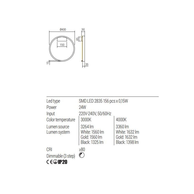 FEBE APPLIQUE ROTONDA D40 CM LED 24W LUCE INDIRETTA  3000K-4000K DIMMERABILE ALLUMINIO 3 COLORI MODERNA