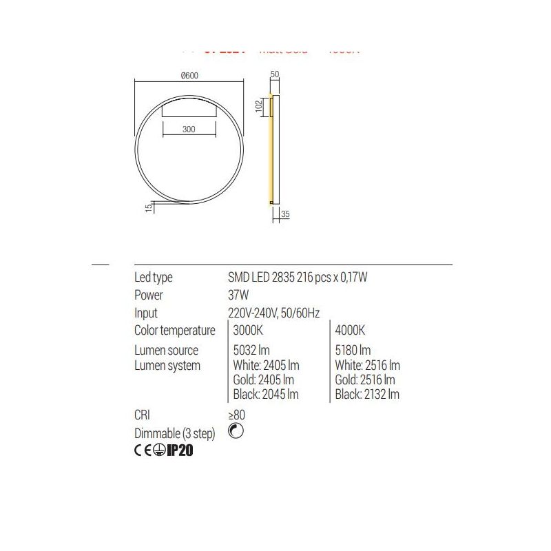 FEBE APPLIQUE ROTONDA D60 CM LED 37W LUCE INDIRETTA  3000K-4000K DIMMERABILE ALLUMINIO 3 COLORI MODERNA