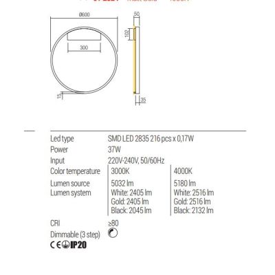 FEBE APPLIQUE ROTONDA D60 CM LED 37W LUCE INDIRETTA  3000K-4000K DIMMERABILE ALLUMINIO 3 COLORI MODERNA