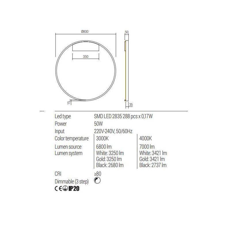 FEBE APPLIQUE ROTONDA D80 CM LED 50W LUCE INDIRETTA  3000K-4000K DIMMERABILE ALLUMINIO 3 COLORI MODERNA