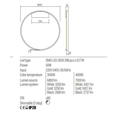 FEBE APPLIQUE ROTONDA D80 CM LED 50W LUCE INDIRETTA  3000K-4000K DIMMERABILE ALLUMINIO 3 COLORI MODERNA