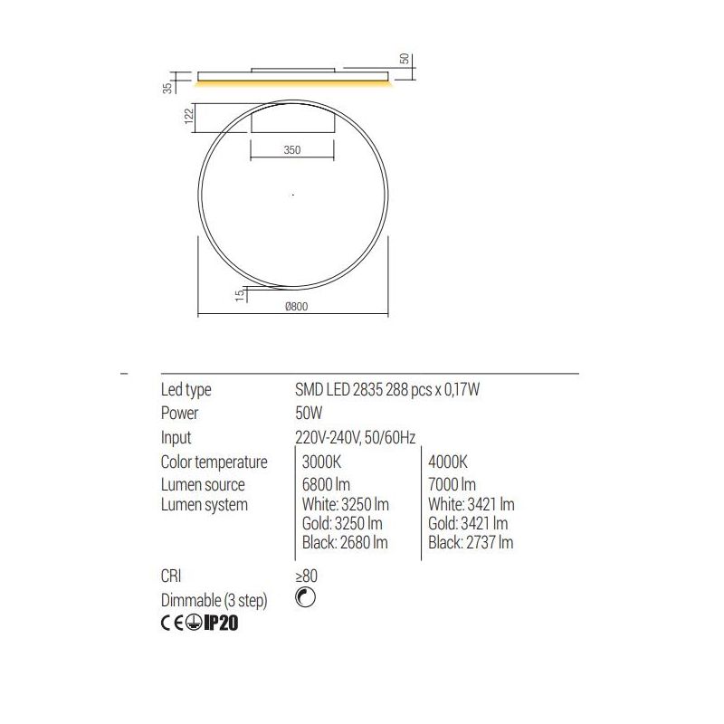 FEBE LAMPADA DA PARETE O SOFFITTO D80 CM LED 50W LUCE 3000K-4000K DIMMERABILE ALLUMINIO 3 COLORI