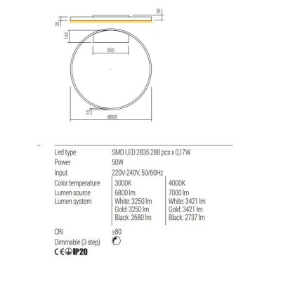 FEBE LAMPADA DA PARETE O SOFFITTO D80 CM LED 50W LUCE 3000K-4000K DIMMERABILE ALLUMINIO 3 COLORI