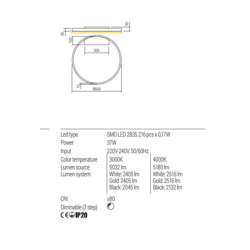 FEBE LAMPADA DA PARETE O SOFFITTO D60 CM LED 37W LUCE 3000K-4000K DIMMERABILE ALLUMINIO 3 COLORI