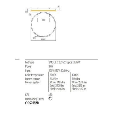 FEBE LAMPADA DA PARETE O SOFFITTO D60 CM LED 37W LUCE 3000K-4000K DIMMERABILE ALLUMINIO 3 COLORI