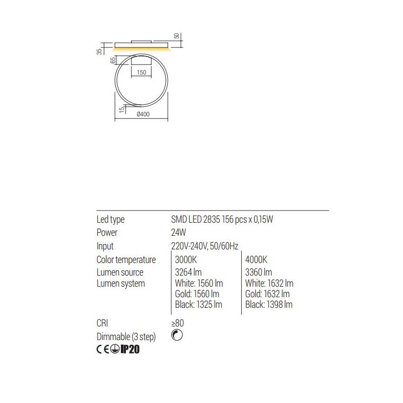 FEBE LAMPADA DA PARETE O SOFFITTO D40 CM LED 24W LUCE 3000K-4000K DIMMERABILE ALLUMINIO 3 COLORI