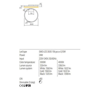 FEBE LAMPADA DA PARETE O SOFFITTO D40 CM LED 24W LUCE 3000K-4000K DIMMERABILE ALLUMINIO 3 COLORI