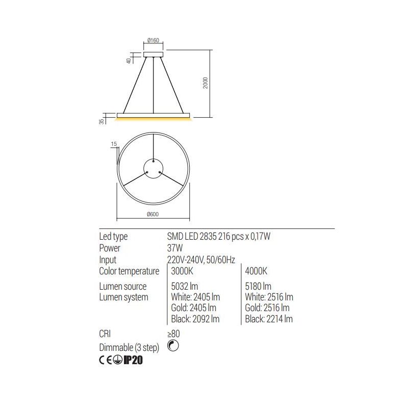 FEBE SOSPENSIONE SINGOLA D60 CM LED 37W LUCE 3000K-4000K DIMMERABILE ALLUMINIO 3 COLORI MODERNA