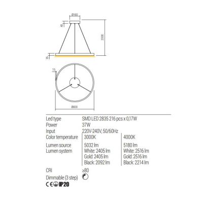 FEBE SOSPENSIONE SINGOLA D60 CM LED 37W LUCE 3000K-4000K DIMMERABILE ALLUMINIO 3 COLORI MODERNA
