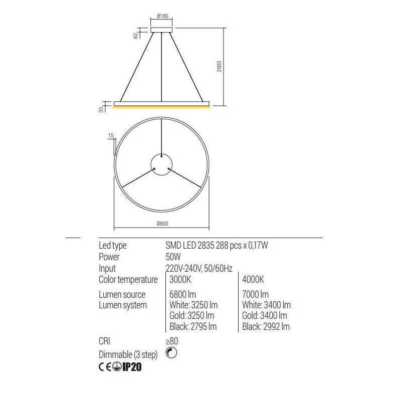 FEBE SOSPENSIONE SINGOLA D80 CM LED 50W LUCE 3000K-4000K DIMMERABILE ALLUMINIO 3 COLORI MODERNA