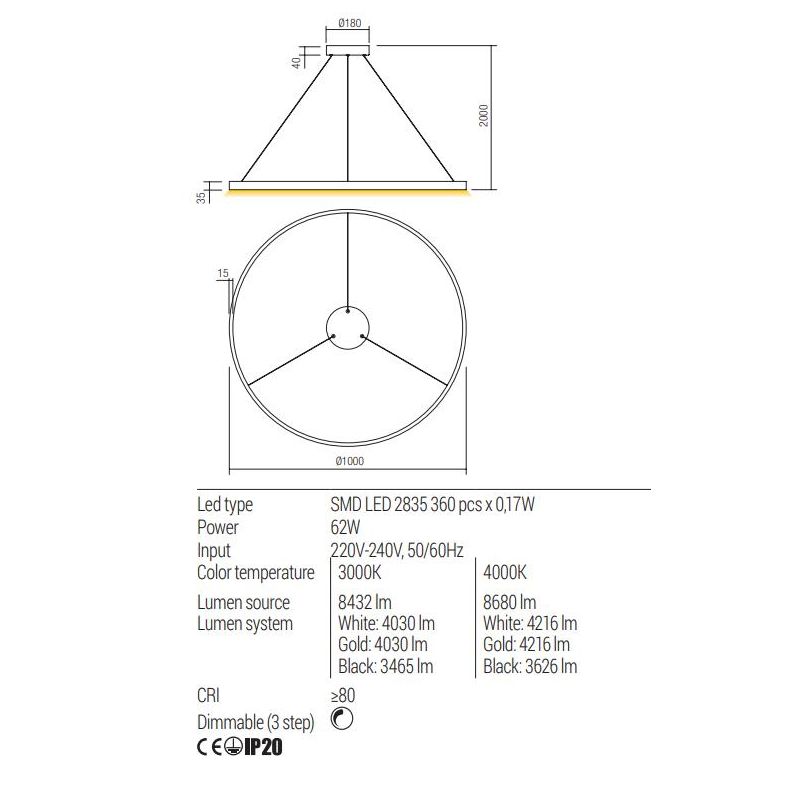FEBE SOSPENSIONE SINGOLA D100 CM LED 62W LUCE 3000K-4000K DIMMERABILE ALLUMINIO 3 COLORI MODERNA