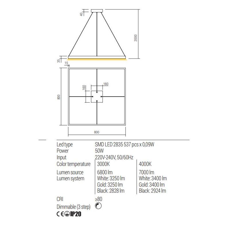 FEBE SOSPENSIONE MODERNA QUADRATA CM 80X80 LED 50W LUCE 3000K-4000K ALLUMINIO 3 COLORI
