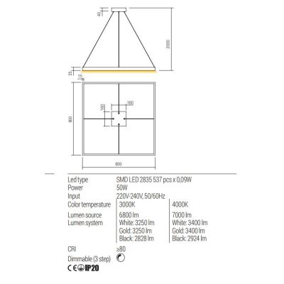 FEBE SOSPENSIONE MODERNA QUADRATA CM 80X80 LED 50W LUCE 3000K-4000K ALLUMINIO 3 COLORI