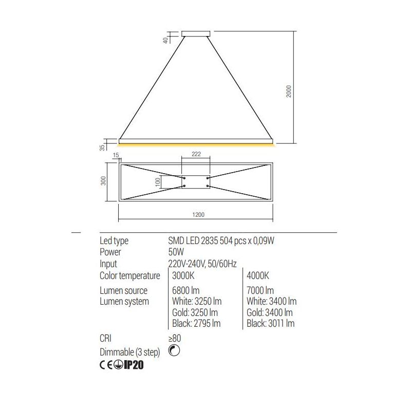 FEBE SOSPENSIONE RETTANGOLARE CM 120X30 LED 50W LUCE 3000K-4000K ALLUMINIO 3 COLORI MODERNA