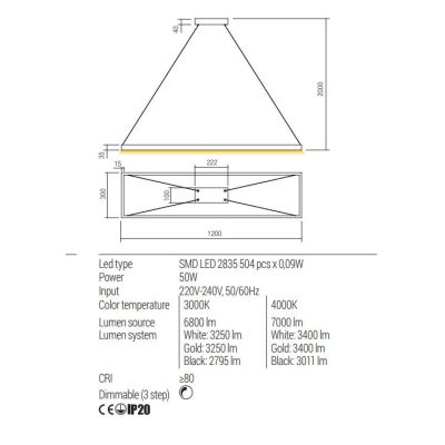 FEBE SOSPENSIONE RETTANGOLARE CM 120X30 LED 50W LUCE 3000K-4000K ALLUMINIO 3 COLORI MODERNA