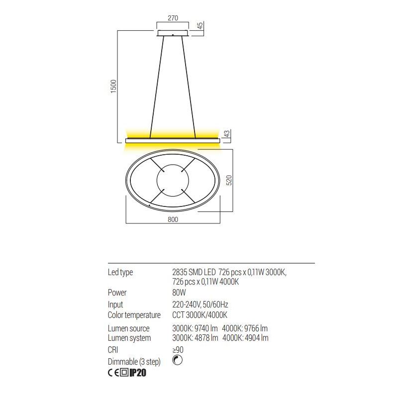 NOBU SOSPENSIONE A LED OVALE 3 MISURE CCT 3000K-4000K LUCE DIRETTA E INDIRETTA DIMMERABILE ALLUMINIO 3 COLORI