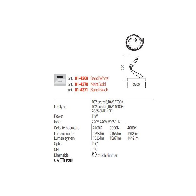 TORSION LAMPADA DA TAVOLO LED 11W LUCE CCT 2700K-3000K-4000K DIMMERABILE TOUCH ALLUMINIO 3 COLORI