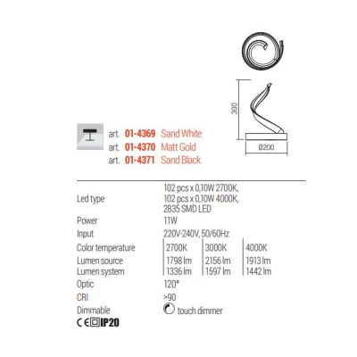 TORSION LAMPADA DA TAVOLO LED 11W LUCE CCT 2700K-3000K-4000K DIMMERABILE TOUCH ALLUMINIO 3 COLORI