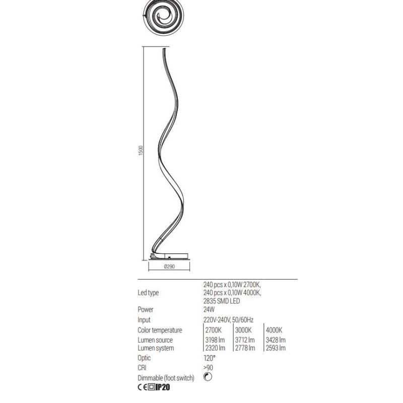 TORSION LAMPADA DA TERRA H150 CM LED 24W LUCE CCT 2700K-3000K-4000K DIMMERABILE ALLUMINIO 3 COLORI