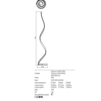 TORSION LAMPADA DA TERRA H150 CM LED 24W LUCE CCT 2700K-3000K-4000K DIMMERABILE ALLUMINIO 3 COLORI