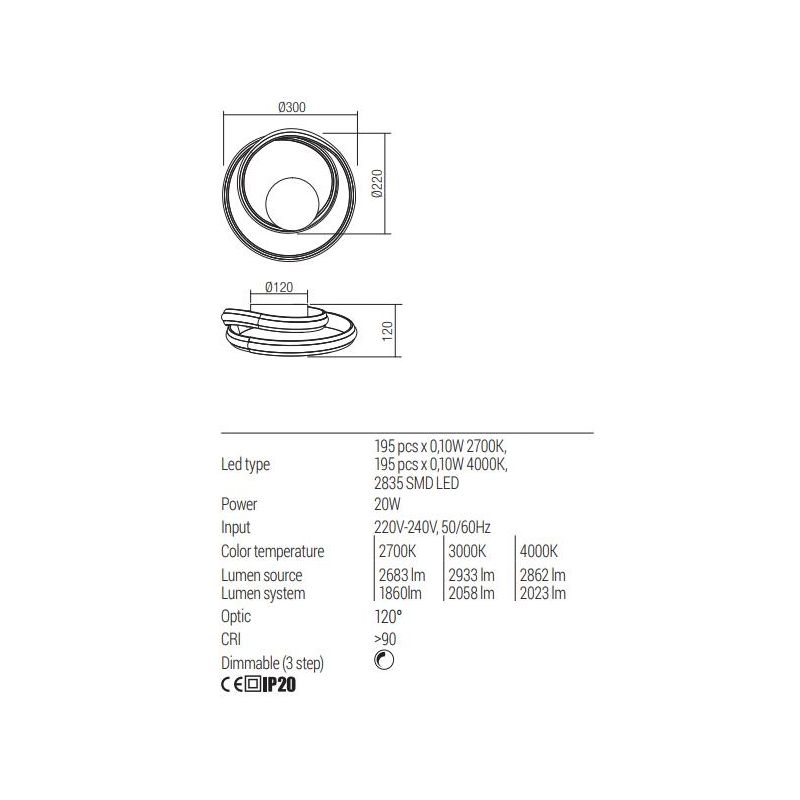 TORSION LAMPADA DA PARETE O SOFFITTO A LED LUCE CCT 2700K-3000K-4000K DIMMERABILE ALLUMINIO 3 COLORI
