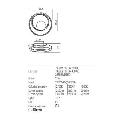 TORSION LAMPADA DA PARETE O SOFFITTO A LED LUCE CCT 2700K-3000K-4000K DIMMERABILE ALLUMINIO 3 COLORI
