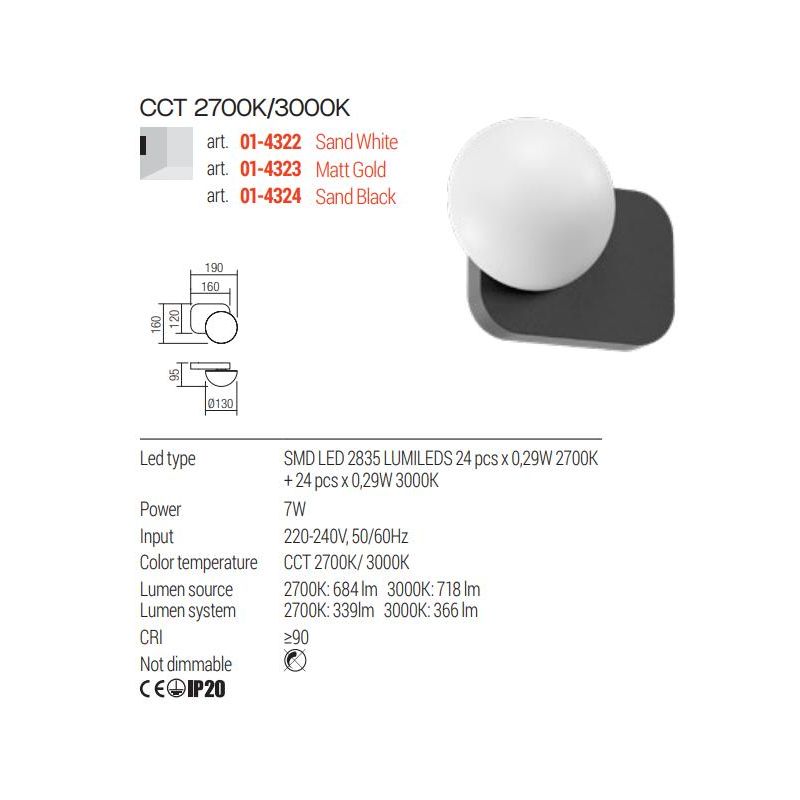 LUMIEN APPLIQUE AD 1 LUCE LED 7W LUCE CCT 2700K-3000K IN METALLO BIANCO, NERO E ORO DESIGN MODERNO