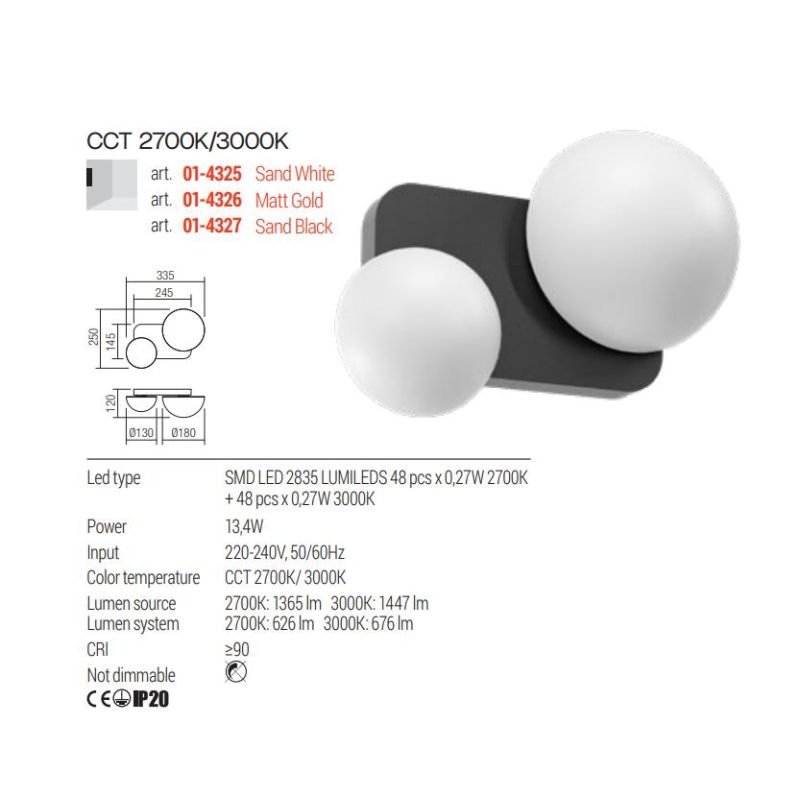 LUMIEN APPLIQUE A 2 LUCI LED 13,4W LUCE CCT 2700K-3000K IN METALLO BIANCO, NERO E ORO DESIGN MODERNO
